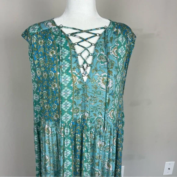 FREE PEOPLE HANALEI BAY LACE UP TIERED OVERSIZED TIERED FLORAL MAXI DRESS XS - Picture 15 of 16